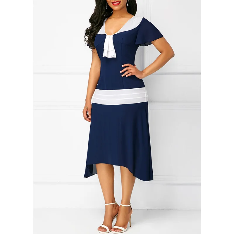 

European Style Summer Women Fashion Patchwork High Waist Butterfly Sleeve Party Dress Elegant Sexy V-neck Asymmetrical Dress