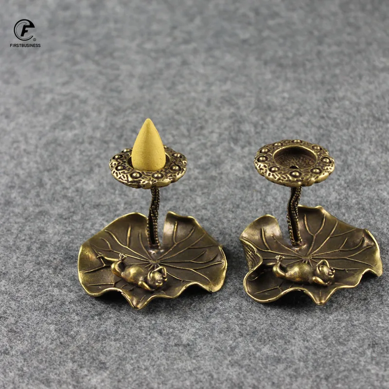 Lotus Sandalwood Backflow Incense Burner Brass Frog Lotus Leaf Stand Censer Brass Tea Table