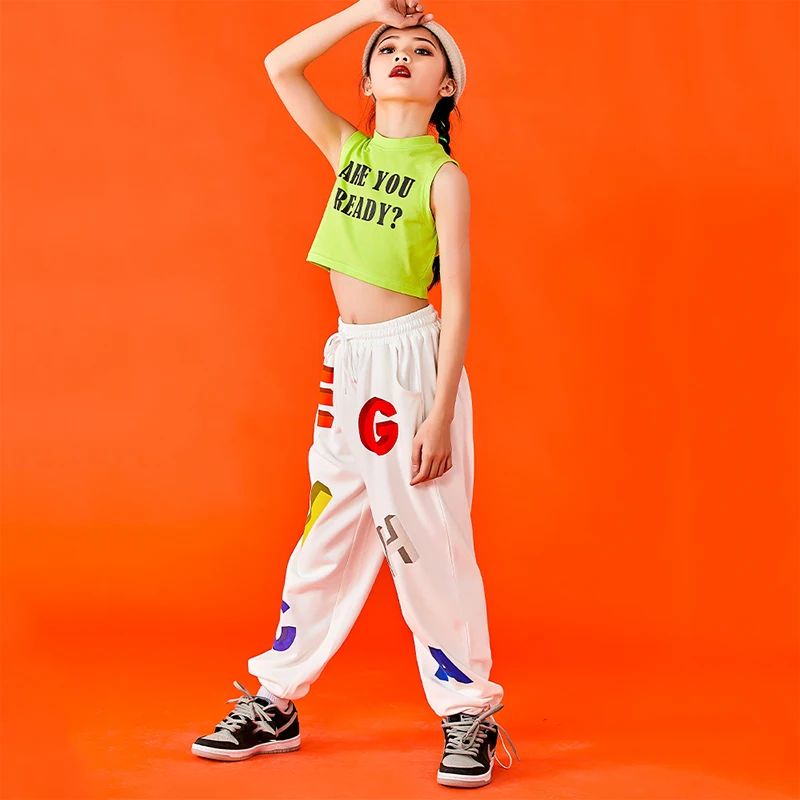 

Girls' Modern Dance Hip Hop Clothes Green Vest Tops Letters Hiphop Pants Jazz Practice Outfits Kids Street Sport Wear 120-170CM