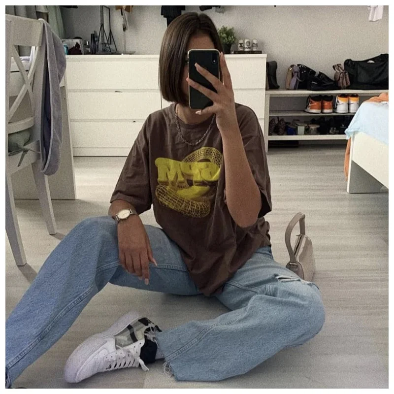 

Футболка с коротким рукавом и надписью 6PM в уличном стиле, Коричневый мужской и женский модный брендовый Свободный Топ большого размера с ко...