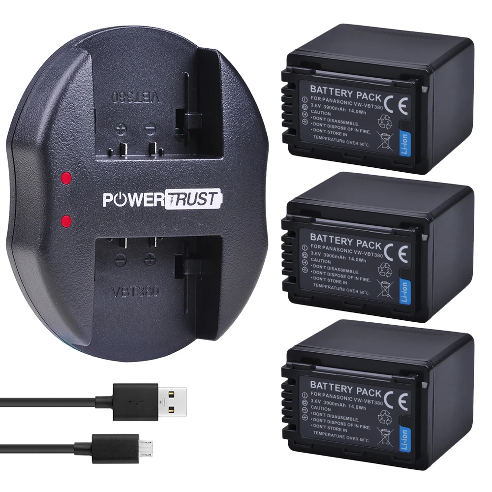 3Battery and Charger 2x3900 mAh VW-VBT380 VBT380 VW-VBT190 литий-ионный аккумулятор+ зарядное устройство для Panasonic HC-VXF999, HC-VXF990, HC-VX870, HC-VX989, HC-W570 - Цвет: 3Battery and Charger