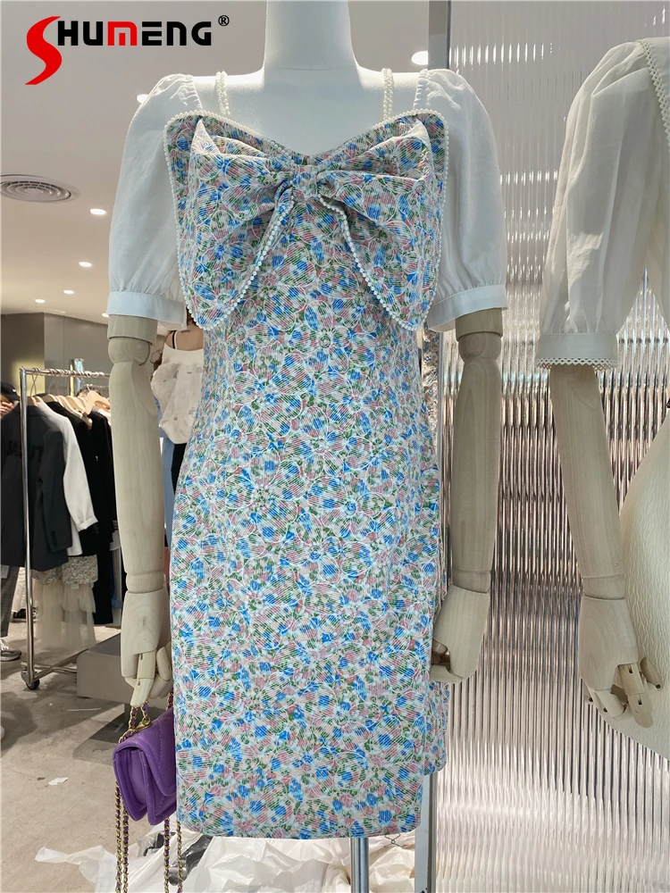 

2021 Summer New French Elegant Floral Dress Square Collar Embroidered Bow Women's Mid-Length A- Line Dress