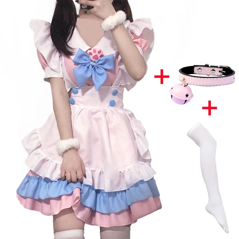 4 style Anime pokojówka Lolita Cosplay kostium różowa sukienka kot pazur pokojówka łuk dzwon kołnierz i białe pończochy