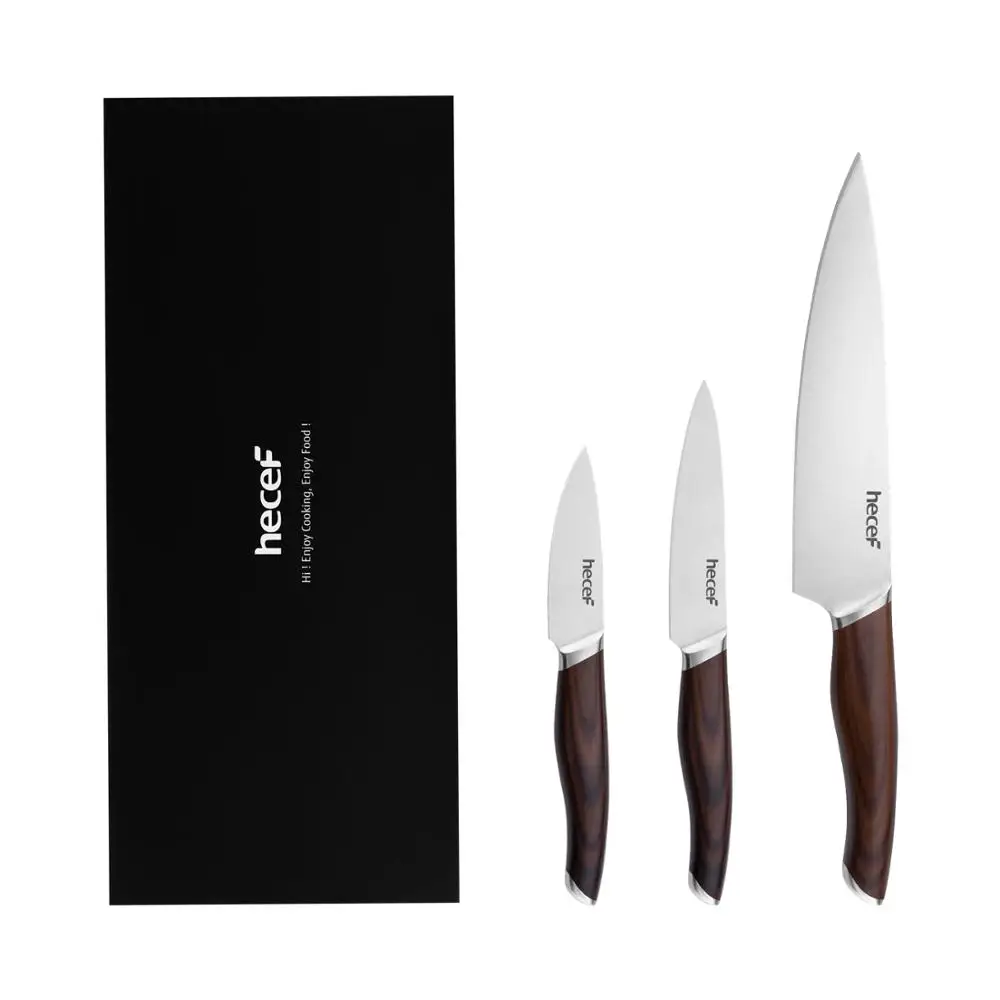 

Hecef Cooking Knife Set of 3, Including 8” Chef, 5”Utility, 3.5” Pairing Knife, Brown
