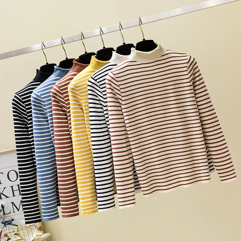 Хлопковая Повседневная футболка Женские полосатые трикотажные рубашки 2019 Осень