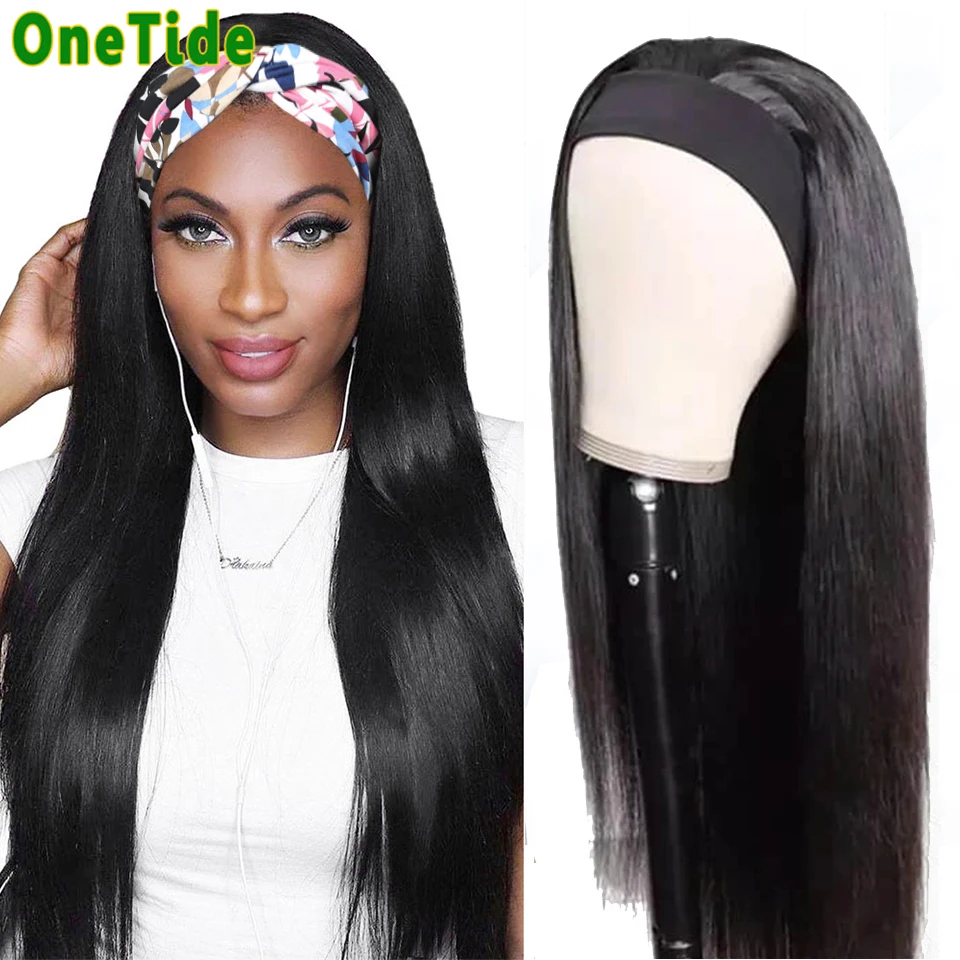 

ONETIDE Straight Headband Human Hair Wigs Glueless 26 Inch Brazilian 100% Human Hair Wigs For Women Headband Wigs Free Scarf