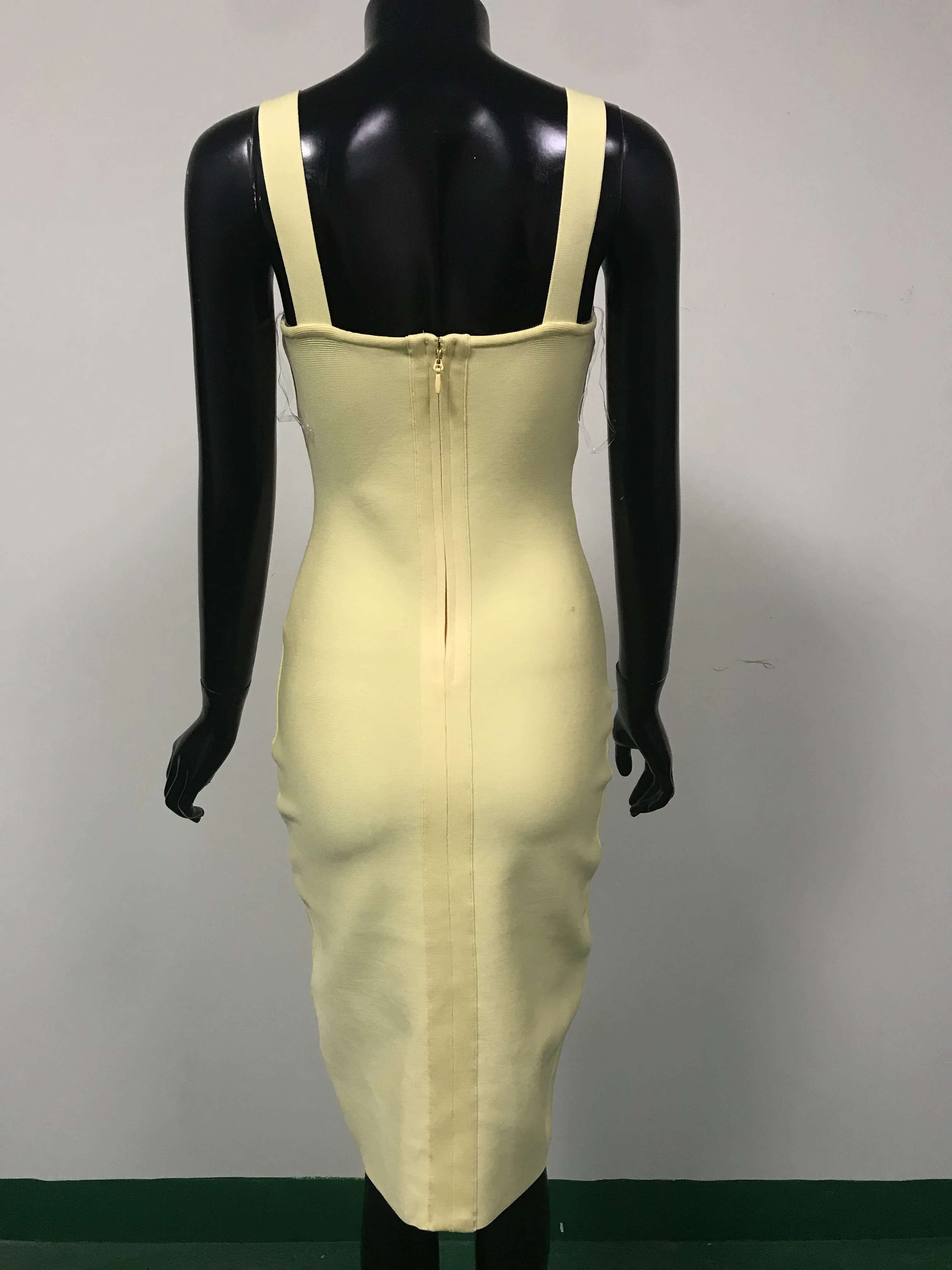 

2020 Women Fashion Sexy Solid Yellow Bandage Dress Split Designer Knee Length Evening Party Dress Vestido