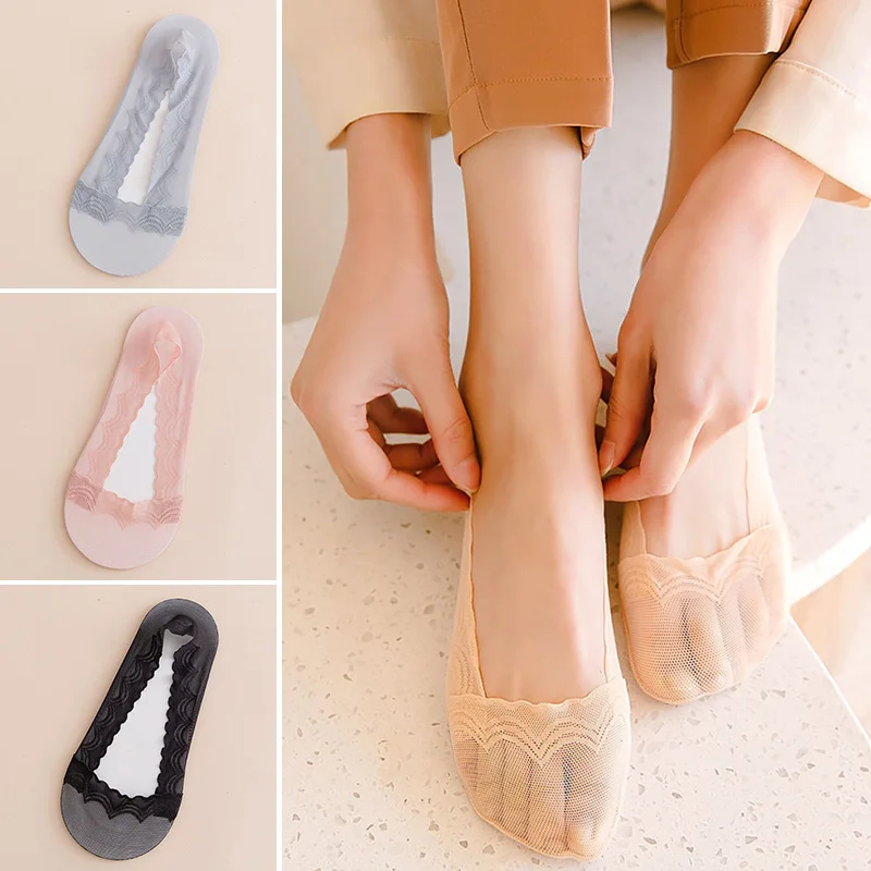 

1 pair Women Summer Utrl-thin Transparent Short No Show Lace Boat Socks Slippers Socks Soft Low Cut Invisible Socks Black White