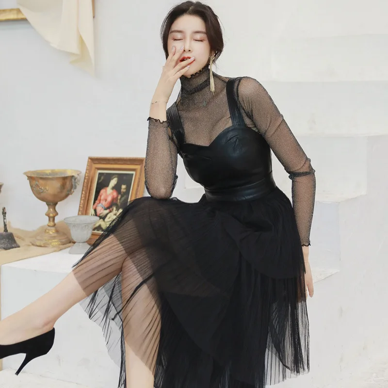 

2019 Autumn Mesh Patchwork Sexy Party Dress Women Stand Black Sheer Dress Women Strapless PU Leather Dinner Dress Plus Size Robe