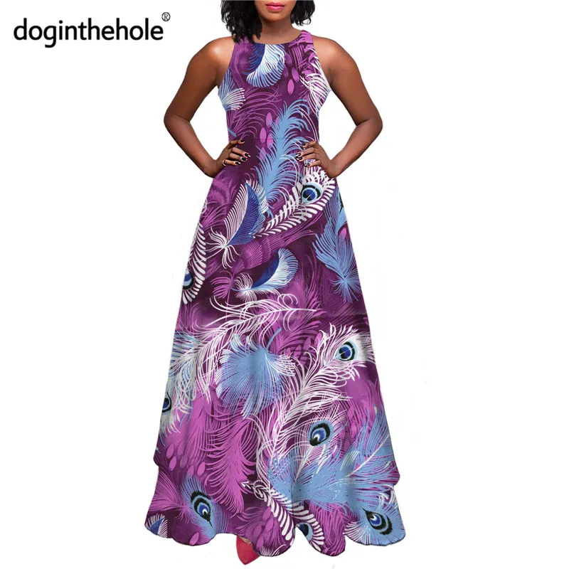 

Женское платье-макси с принтом перьев павлина и высокой талией