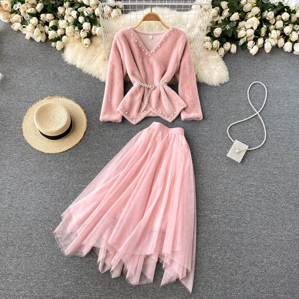 

Французская милая плюшевая юбка с V-образным вырезом в тяжелом стиле с бусинами в иностранном стиле топ с закрывающей талией сетчатая юбка п...