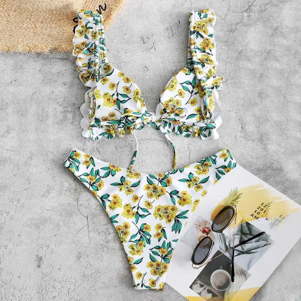 

2PCS Vintage Flower Print High Cut Thong Bikini Set V Neck Two Pieces Swimwear Ruffle Vest exy Split Swimsuit