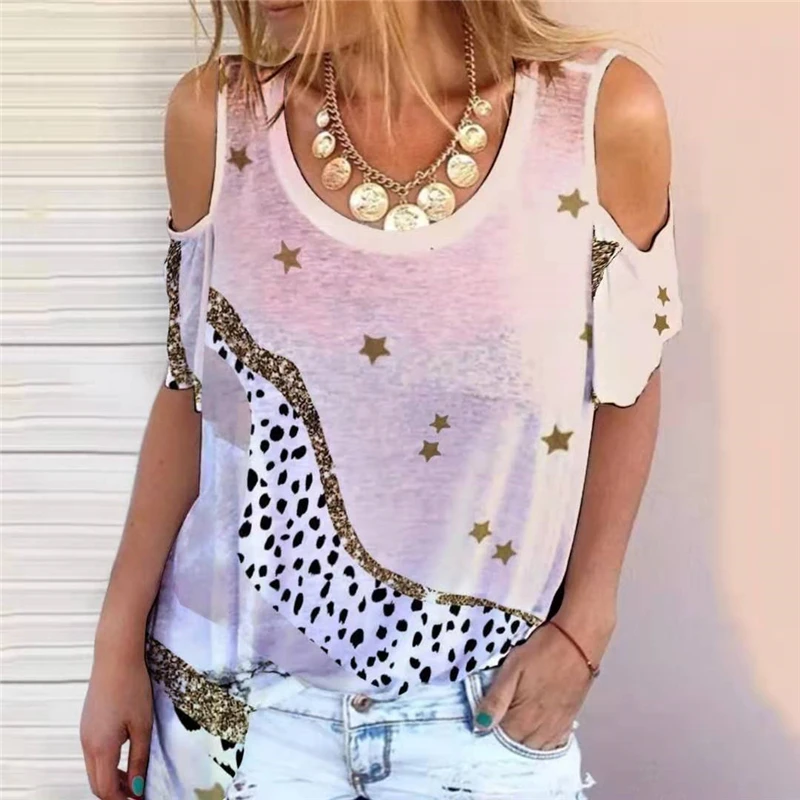 

2021 Women Summer Clothing Sexy Tops Leopard Print Short Sleeve Cold Shoulder Casual Tshirt Loose Tee T Shirt Camisetas De Mujer