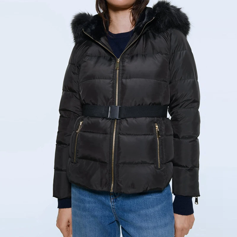 Осенне-зимняя приталенная теплая куртка с капюшоном и поясом пальто женская