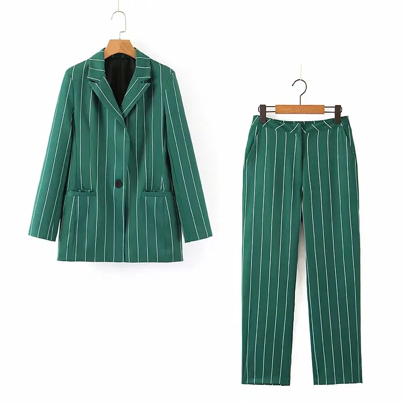 BLAZER AND PANT Осенние женские комплекты винтажный стильный зеленый полосатый Блейзер женская верхняя одежда Chaqueta Mujer штаны с завышенной талией костюмы - Цвет: BLAZER AND PANT