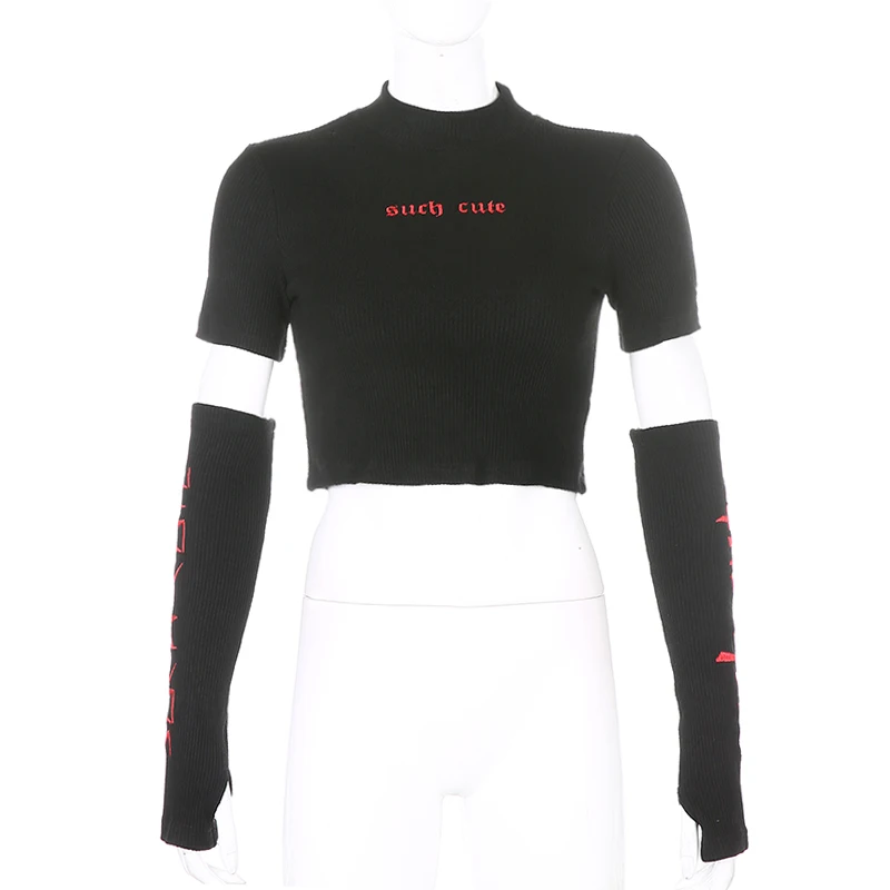 

Ribbed Knit Letter Embroidery Long Sleeve Black Y2k Cropped Tops Fashion Women's T-Shirts 2021New Casual Tee Shirts Streetwear