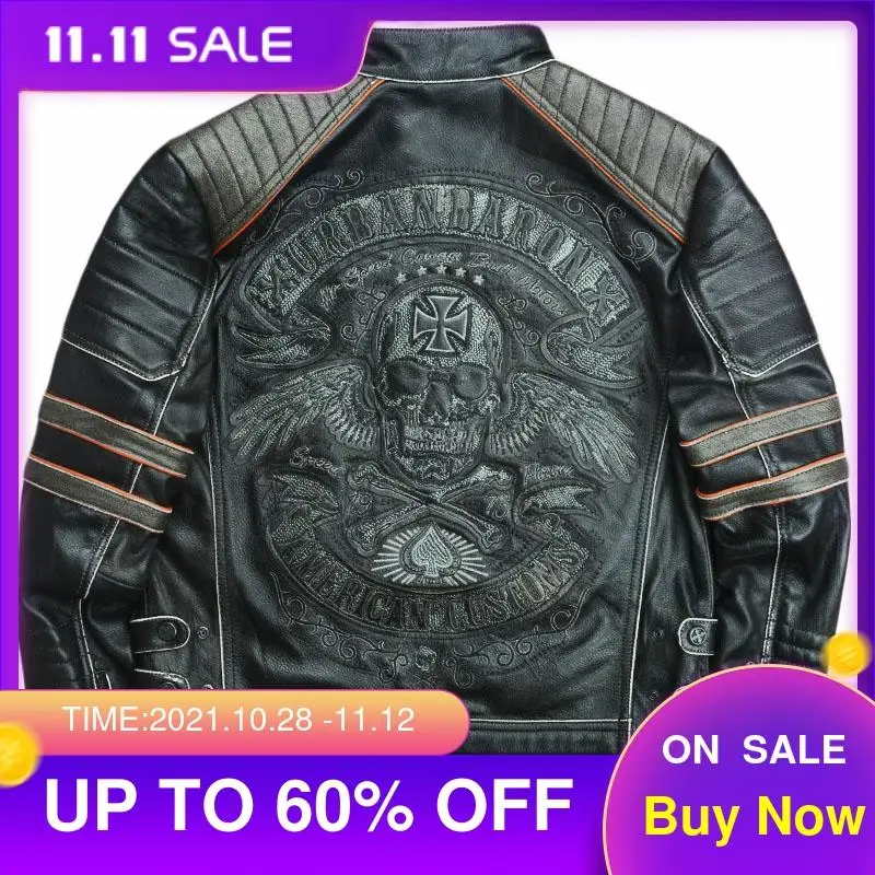 

2021 Vintage Black American Motorcycle Style Genuine Leather Jacket Men Skulls Embroidery Plus Size 4XL Real Cowhide Biker Coat