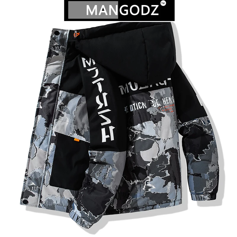 

Камуфляжная Мужская куртка с капюшоном, повседневное толстое теплое пальто с надписью, парка в стиле хип-хоп, Японская уличная одежда, зимня...