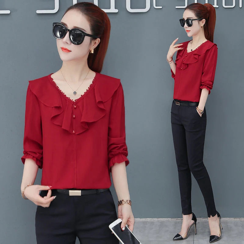 Женские шифоновые рубашки в повседневном стиле с длинным рукавом и воротником