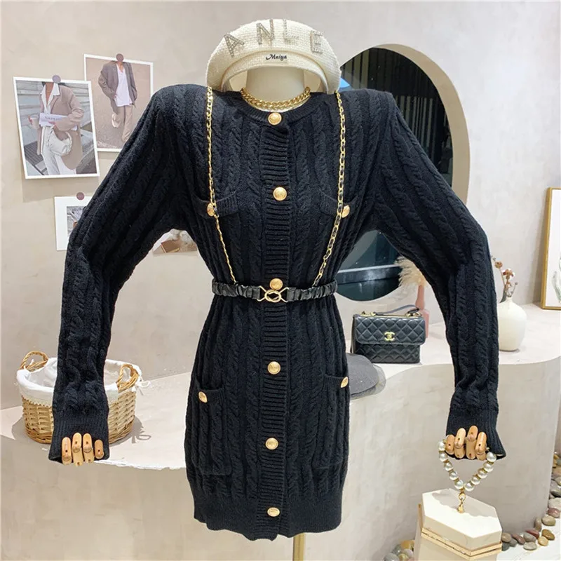

Niche Design New Women's Clothing 2021 Autumn Winter Temperament High-grade Bottoming Knitted Dress With Belt