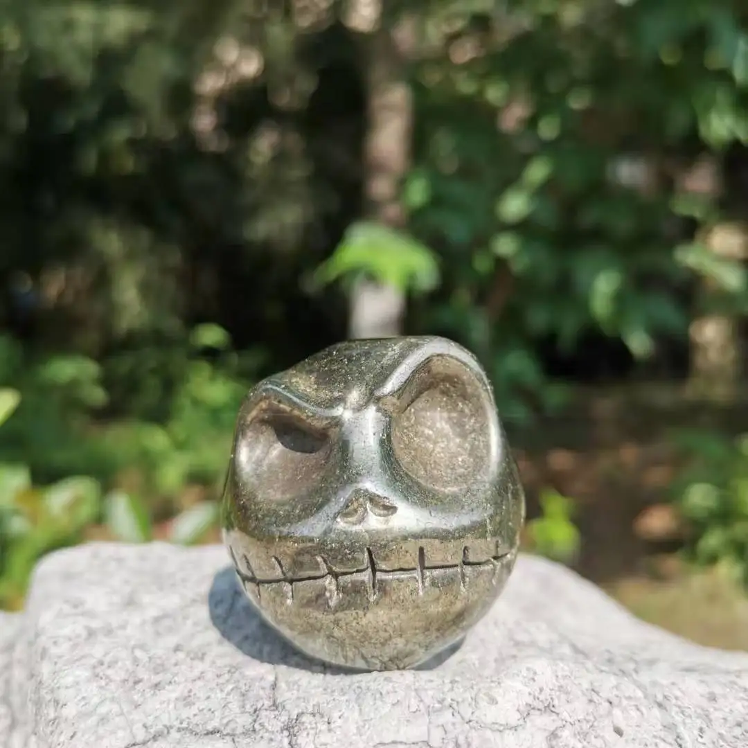 

Natural Pyrite Jack's Head shaped Gemstone Halloween Jack Skull Decoration