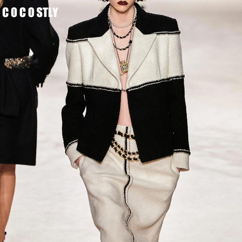 

Женский твидовый блейзер с длинным рукавом, черный или белый двубортный блейзер в стиле пэчворк, офисный блейзер для осени и зимы