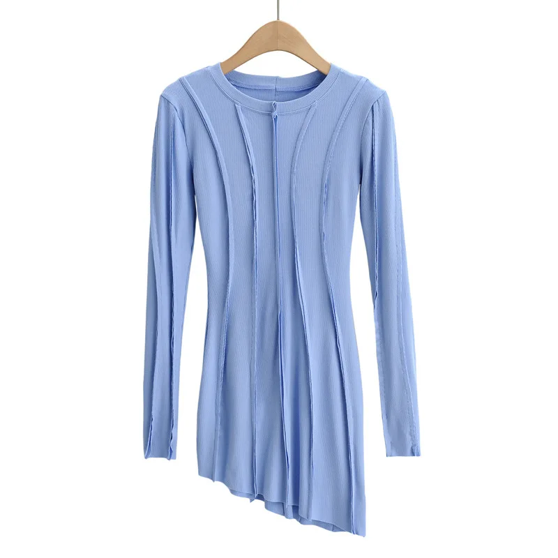 

2021 new spring woman fashion temperament slim sweater dress solid stitching pleated personality trend cotton Office Lady