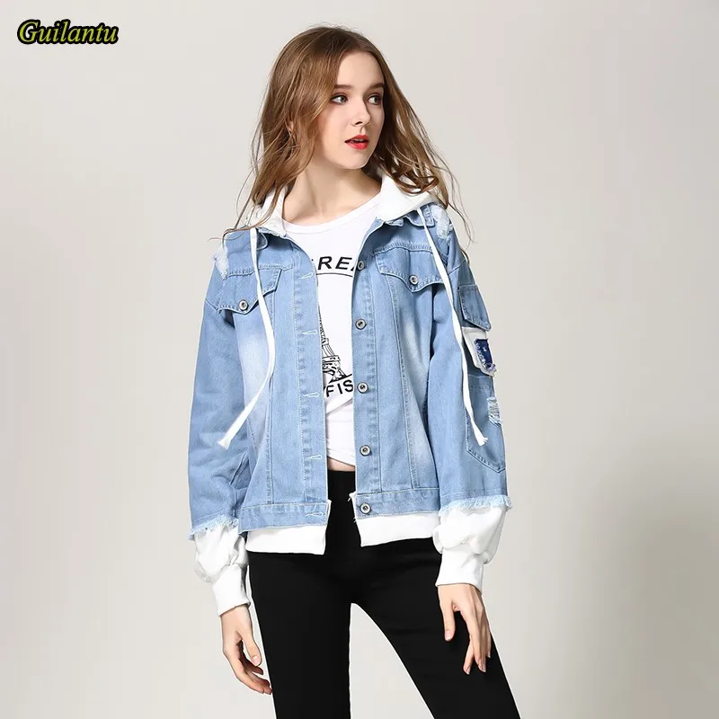 

Guilantu 2021 Patchwork Vintage Denim Jacket Korean Women Clothing Spring Hooded Loose Plus Size Jeans Coat Female Outerwear