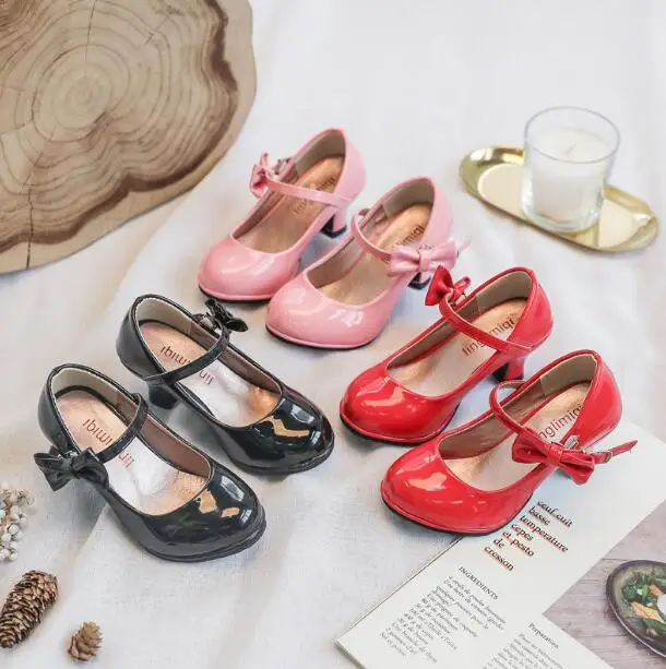 Girl High Heels Red Shoes Children's Black Pink Princess Patent Leather Students Dance Size 26-35 Kids Sandals | Детская одежда и