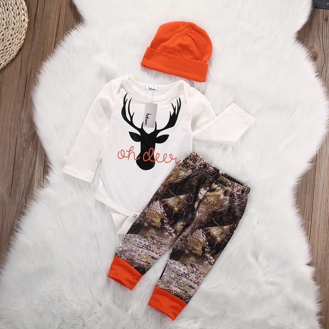 Xmas Baby Boys Clothes Set Christmas Long Sleeve Letters Deer Romper Bodysuit Tops Camis Pants with Hat 3 Pcs Outfit