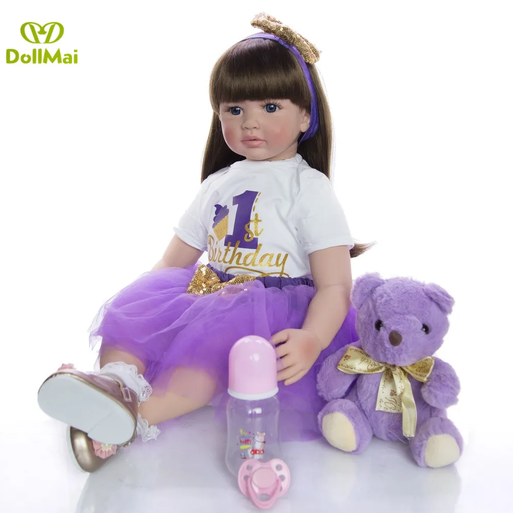 60cm big reborn toddler princess Handmade Silicone vinyl adorable baby doll in purple dress with bear plush bebes - купить по
