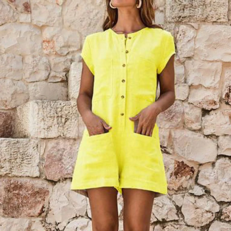 New Womens Casual Shorts Jumpsuit Cotton Linen Mini Playsuit Ladies Short Sleeve Romper For Summer Holiday |