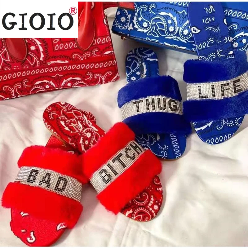 

Crystal Summer New 2021 Women's Rhinestone Decor Fluffy Flat Slippers Warm Slipper Crystal Soft Ladies Shoes Woman Female Shoes