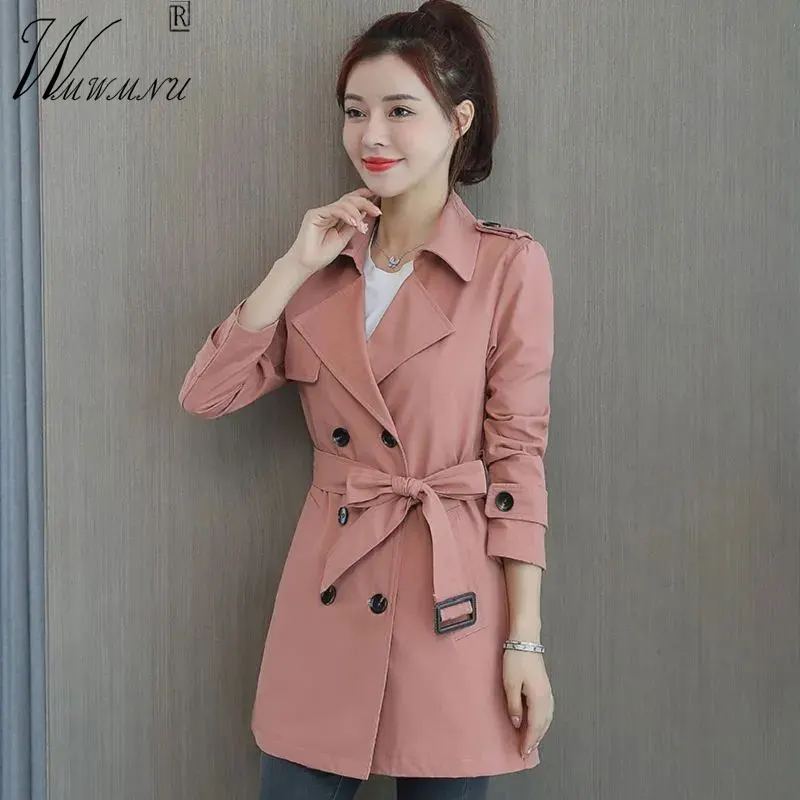 

Тренчкот женский средней длины, элегантная двубортная ветровка с поясом, Классическая модная верхняя одежда в Корейском стиле, осень 2021