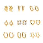 Серьги-кольца женские Геометрические, круглые ювелирные украшения золотого цвета с перекрестной витой маленькой пряжкой для хряща уха, сердце, звезда