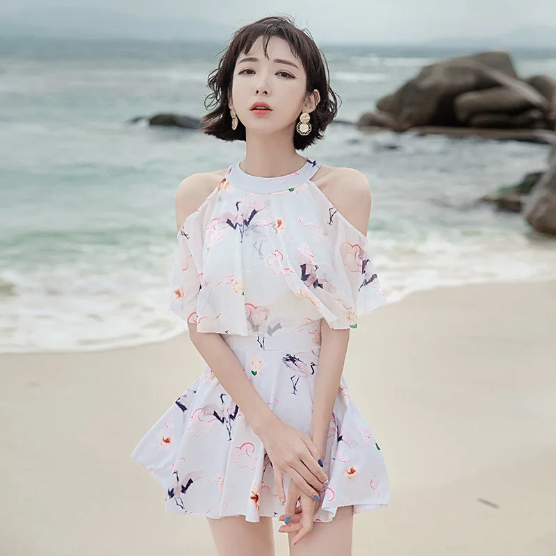 

[NODELAY] One Piece Swimsuit Lovely Skirt Swimwear Women 2021 Beachwear High-neck Bathing Suits Girls Conservation Swim Suit