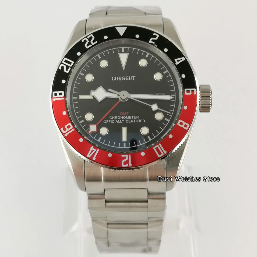 Corgeut 41 мм класса Люкс Для мужчин часы с черным циферблатом сплав ободок GMT