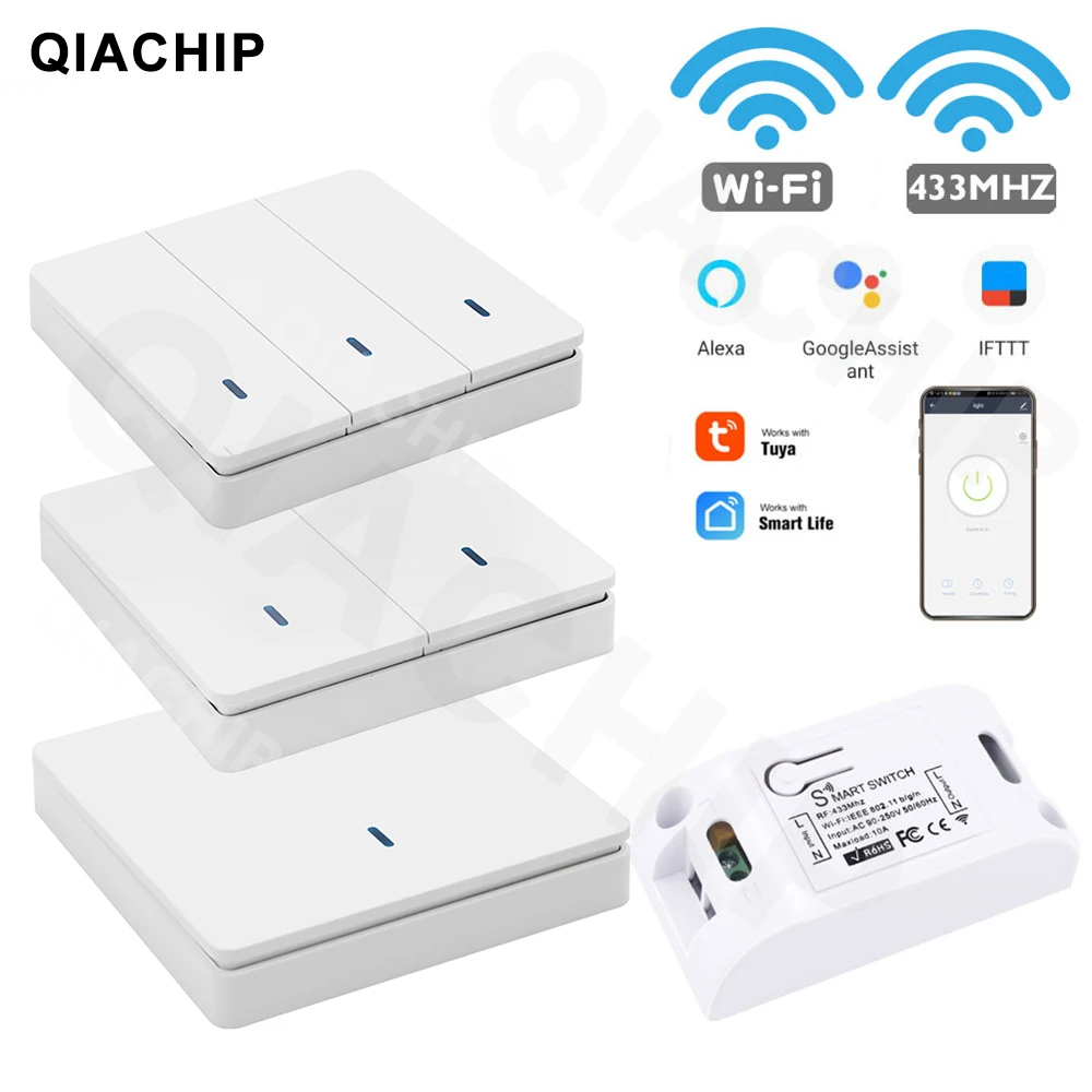 Беспроводной Выключатель QIACHIP Tuya smart Life, с поддержкой Wi-Fi + RF, с ДУ, 1/2/3 клавиши, настенная панель, кнопка приемника, светодиодная лампа