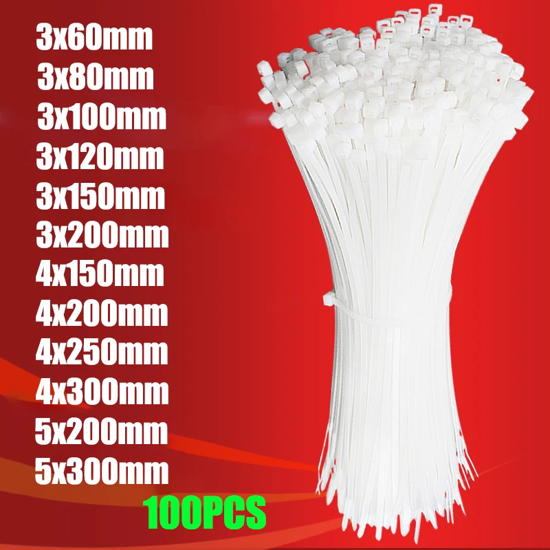 Самоблокирующиеся пластиковые нейлоновые стяжки 100 шт. черно белые кабельные