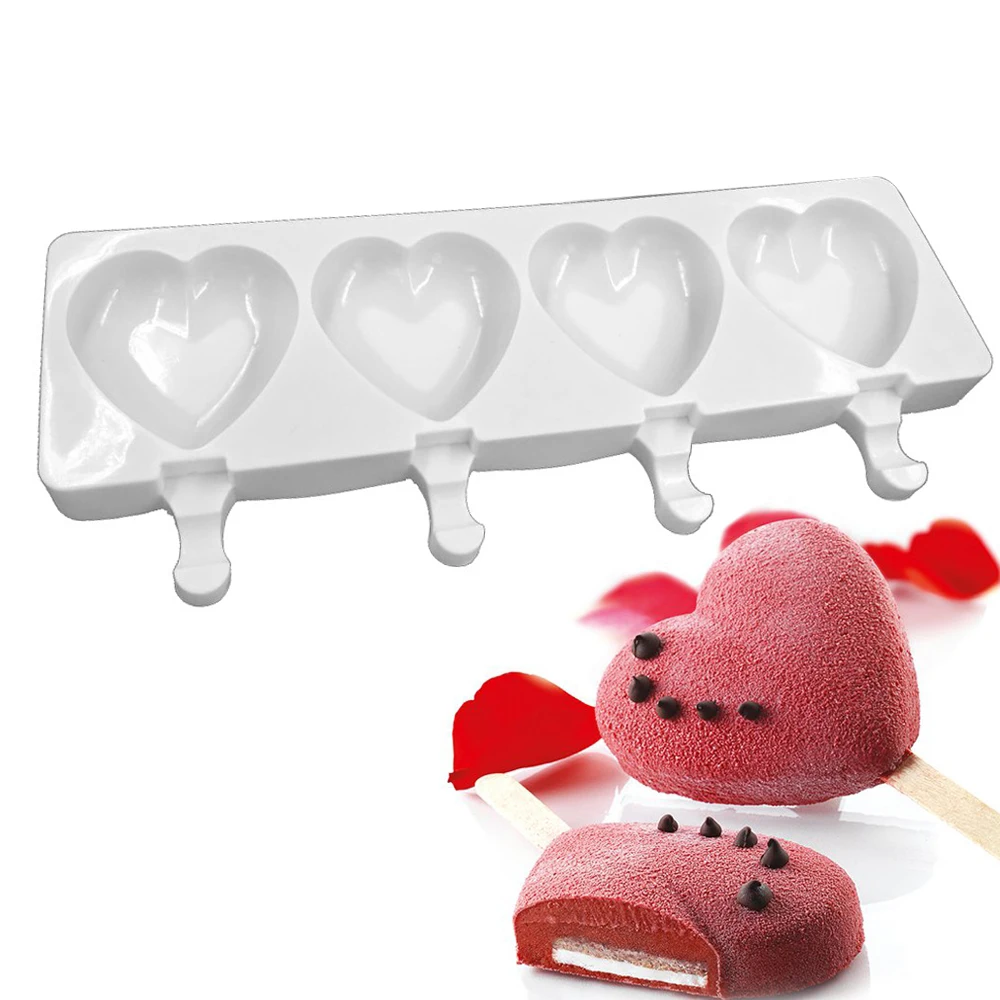 

Silicone Ice Cream Mold 4 Holes Heart Shaped Popsicle Molds oulds Freezer Ice Maker Chocolate Dessert Mould