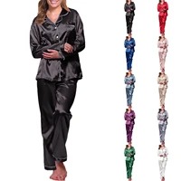womens silk satin pyjamas set sleepwear two piece set solid color long sleeve loungewear women plus size pajamas suit female