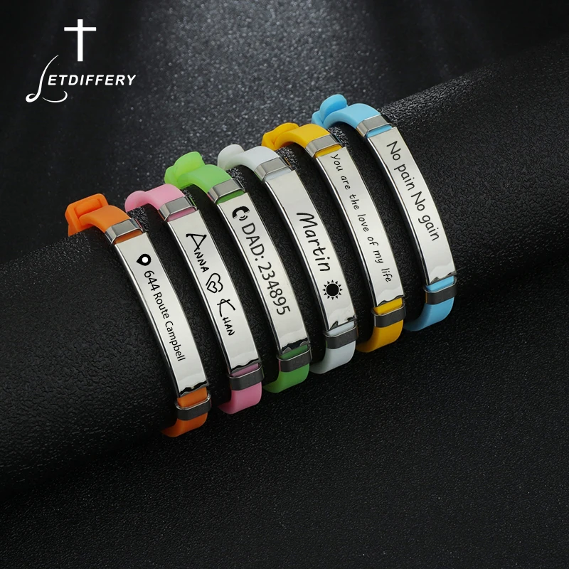 Letdiffery Custom Engrave Name ID Number Anti Lost Bracelet Silicone Rudder Stainless Steel Adult Kids Rainbow Colorful Bracele