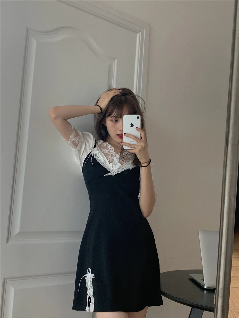 Корейский шикарный Летний милый элегантный кружевной комплект в западном стиле