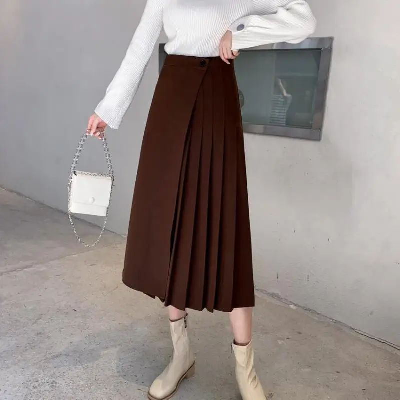 

Новинка Осень-зима 2021, облегающий простой костюм с завышенной талией, повседневная Универсальная Женская плиссированная юбка, бесплатная д...