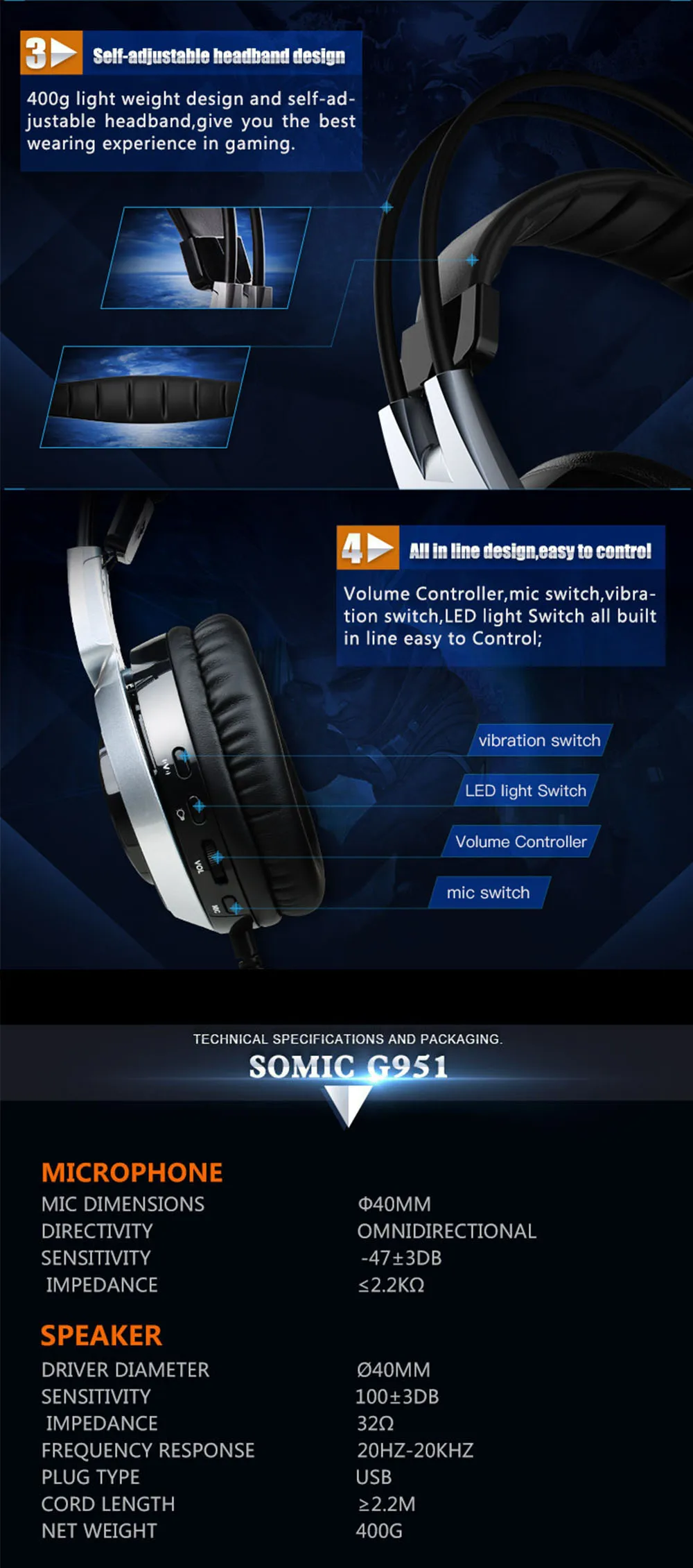 SOMiC G951 USB светодиодный игровой наушник дышащий 3 цвета подсветка бас стерео гарнитура с микрофоном для ПК PS4 геймер