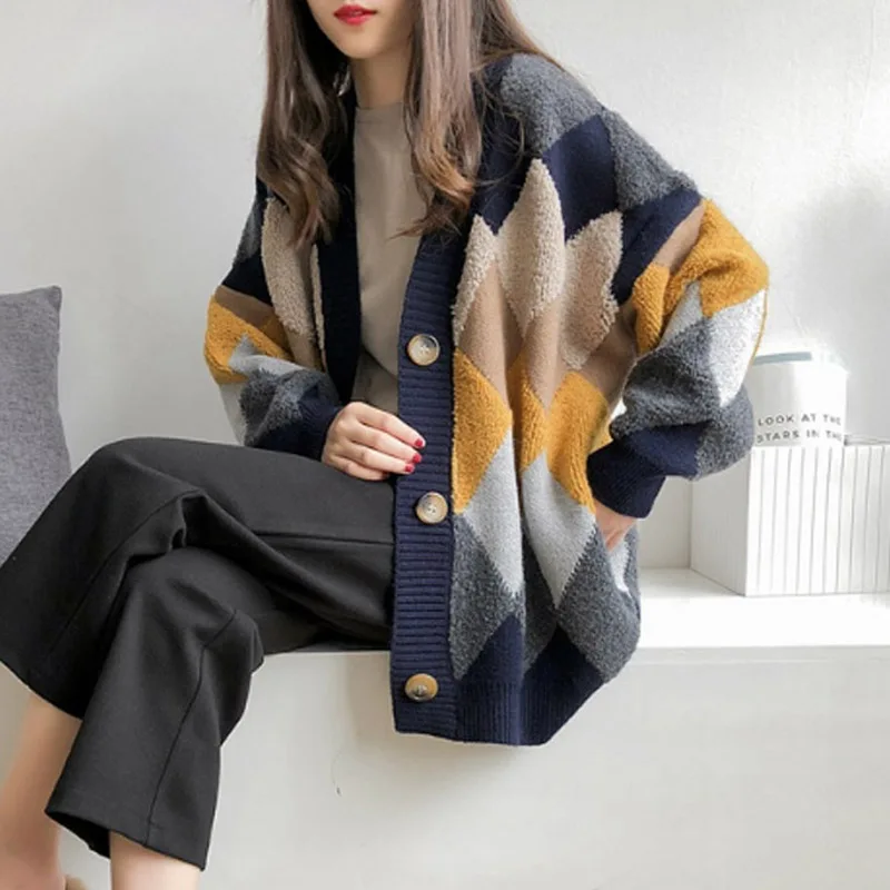 

Sweaters Puff Sleeve 2020 Single Breasted Casual Winter Fashionable V-Neck Women's Plaid Cardigans Autumn Loose