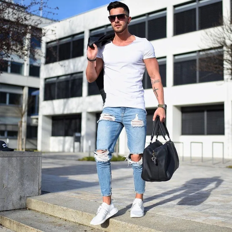 

Fashion New Men Skinny Jeans Light Blue Hole Denim Pants Men Clothing Boyfriend Jeans Spring and Autumn Pencil Pants Mens Jeans