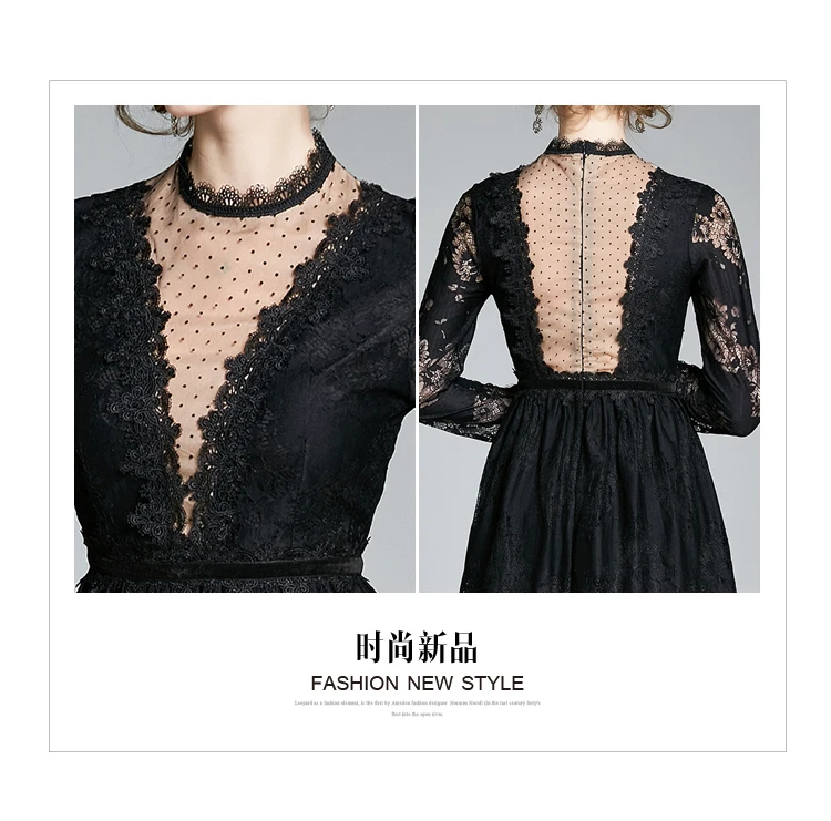 

Banulin Runway Lace Dress Women Black Dot Mesh Hollow Out Summer Backless Midi Dress Long Sleeve Party Dress 2020 Designer