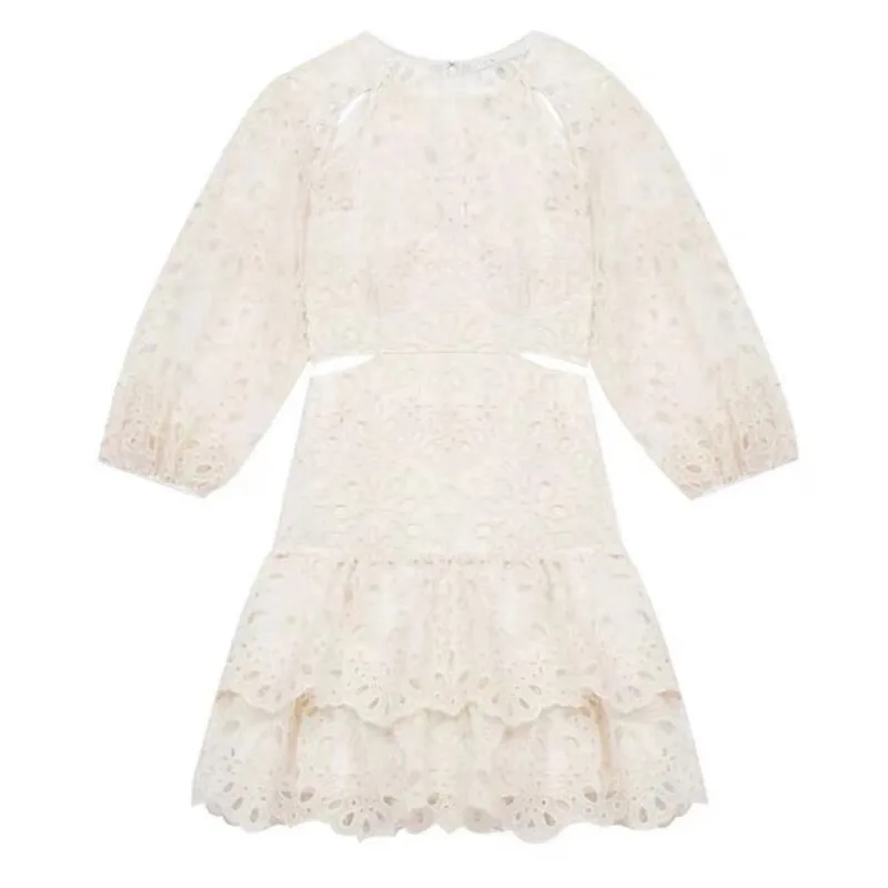 

DEAT Women White Patchwork Hollow Out Ruffles Dress New Round Neck Half Puff Sleeve Slim Fit Fashion Tide Summer 2021 7E0599