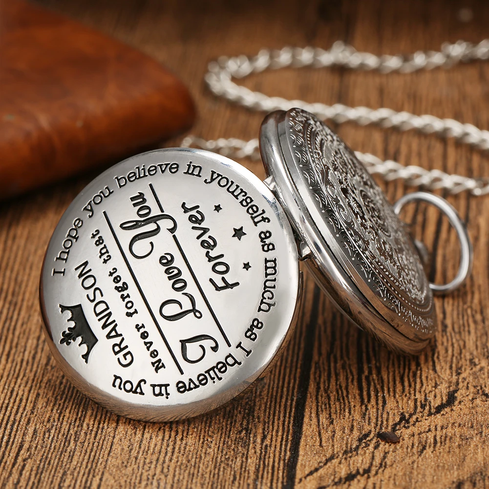 

Fashion Silver Grandson Design Smooth Quartz Pocket Watch Roman Arabic Numerals Clock Steampunk Fob Chain Customized Logo Text